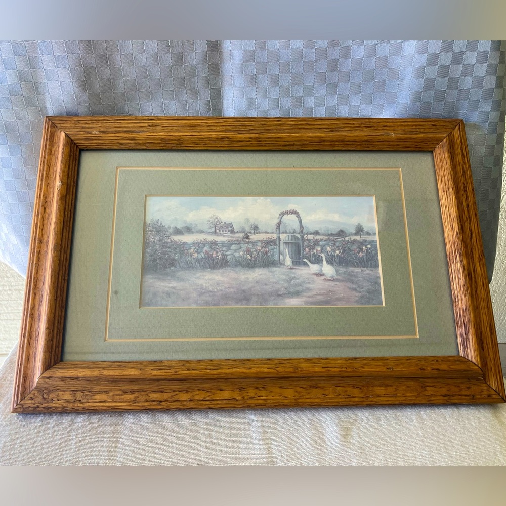 Vintage Wooden Art Framed Geese Garden Scene